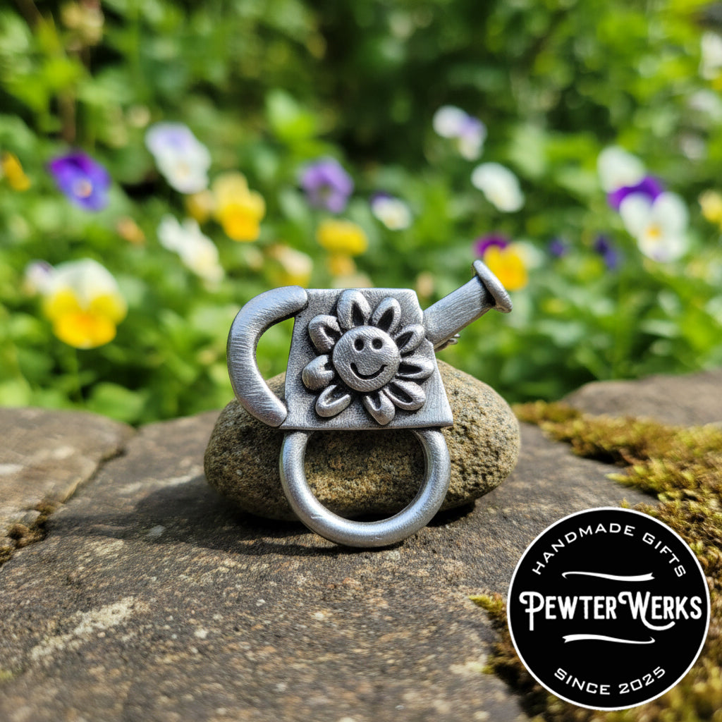 Handmade Pewter Eyeglass / ID Badge Holder Pin 'Watering Can' Gift Bag Included.