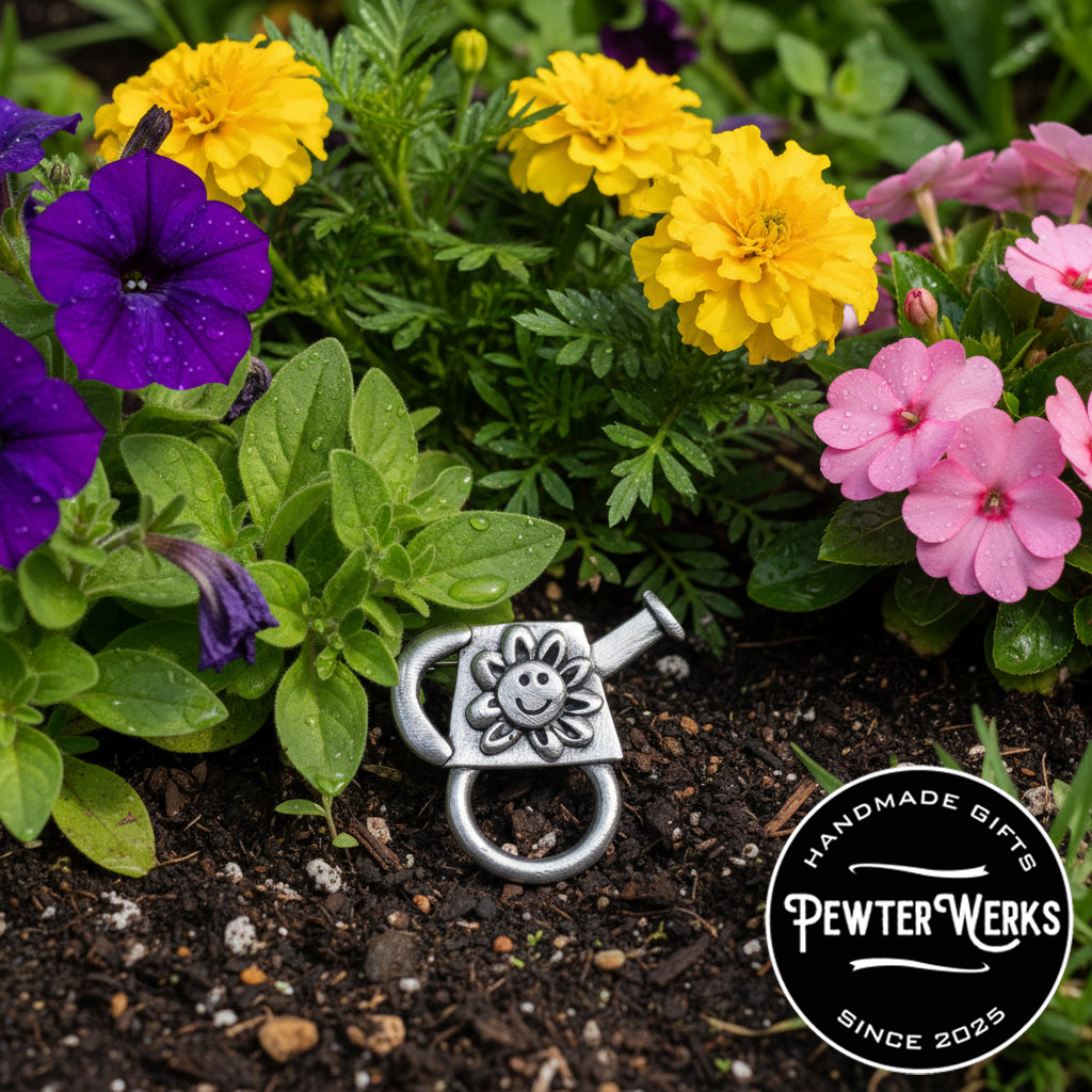 Handmade Pewter Eyeglass / ID Badge Holder Pin 'Watering Can' Gift Bag Included.