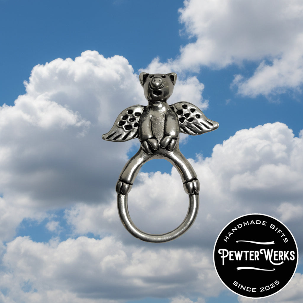 Handmade Pewter Eyeglass / ID Badge Holder Pin 'When Pigs Fly' Gift Bag Included.