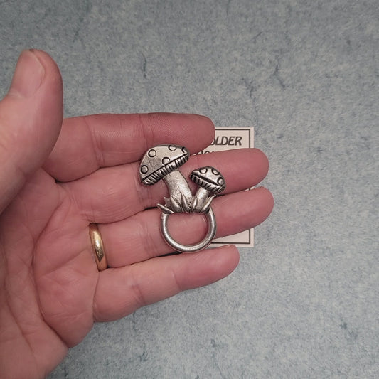 Handmade Pewter Eyeglass / ID Badge Holder Pin 'Mushrooms' Gift Bag Included.