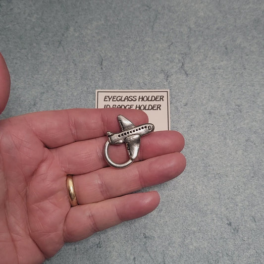 Handmade Pewter Eyeglass / ID Badge Holder Pin 'Airplane' Gift Bag Included.