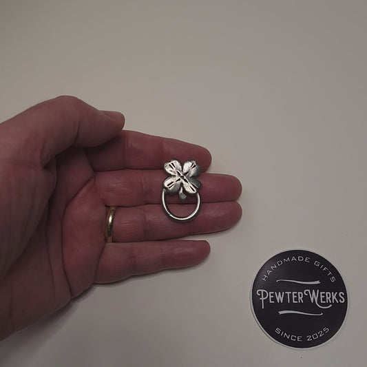 Handmade Pewter Eyeglass / ID Badge Holder Pin 'Four Leaf Clover' Gift Bag Included.
