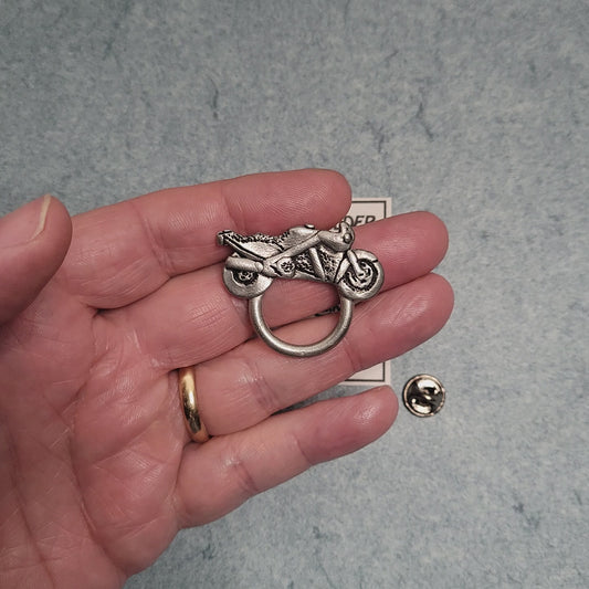 Handmade Pewter Eyeglass / ID Badge Holder Pin 'Motorcycle No.1' Gift Bag Included.