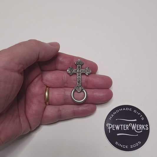 Handmade Pewter Eyeglass / ID Badge Holder Pin 'Cross' Gift Bag Included.