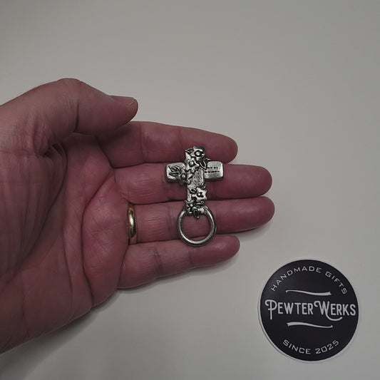 Handmade Pewter Eyeglass / ID Badge Holder Pin 'Cross with Flowers' Gift Bag Included.
