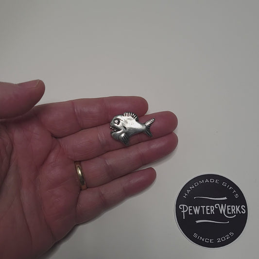 Handmade Pewter Lapel Pin 'Piranha' Gift Bag Included.