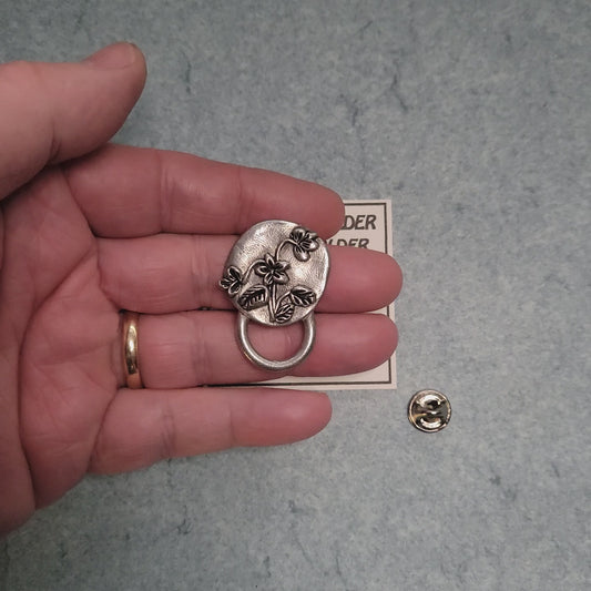 Handmade Pewter Eyeglass / ID Badge Holder Pin 'Flowers No.3' Gift Bag Included.