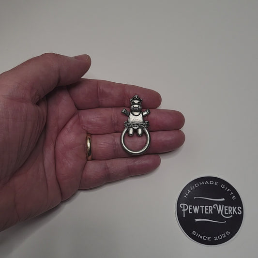 Handmade Pewter Eyeglass / ID Badge Holder Pin 'Dancing Hippo' Gift Bag Included.