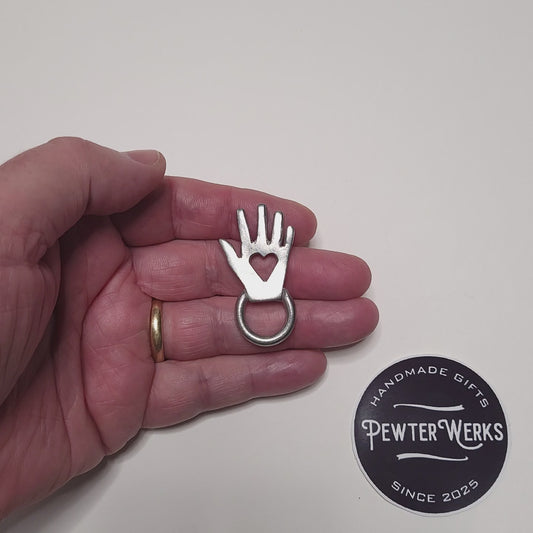 Handmade Pewter Eyeglass / ID Badge Holder Pin 'Hand with Heart' Gift Bag Included.