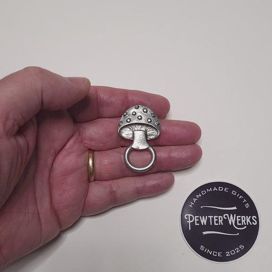 Handmade Pewter Eyeglass / ID Badge Holder Pin 'Mushroom' Gift Bag Included.