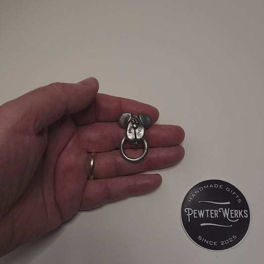 Handmade Pewter Eyeglass / ID Badge Holder Pin 'Dog Face No.2' Gift Bag Included.