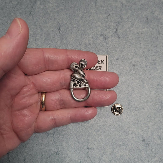 Handmade Pewter Eyeglass / ID Badge Holder Pin 'Mouse and Cheese' Gift Bag Included.