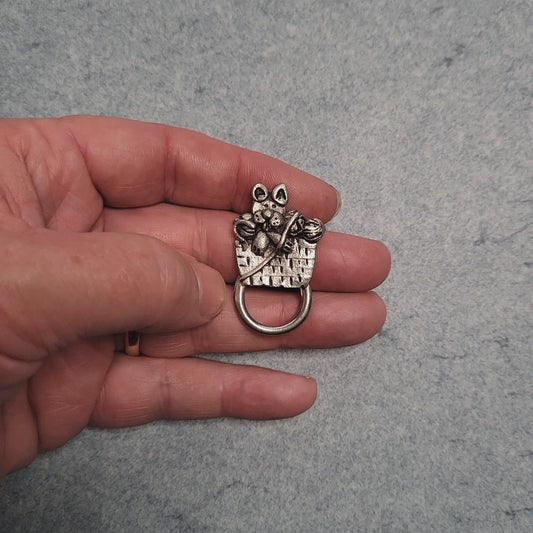 Handmade Pewter Eyeglass / ID Badge Holder Pin 'Kitty in Basket' Gift Bag Included.